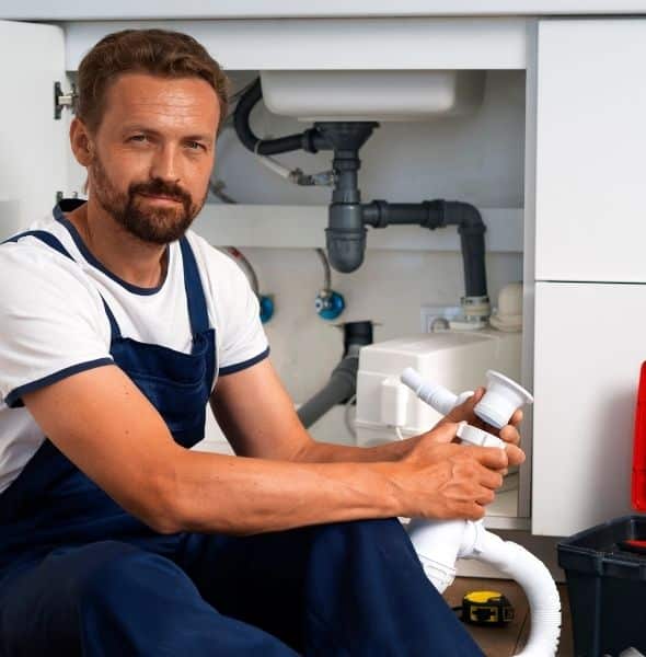Plombier professionnel réalisant une réparation et une installation sanitaire sous un évier