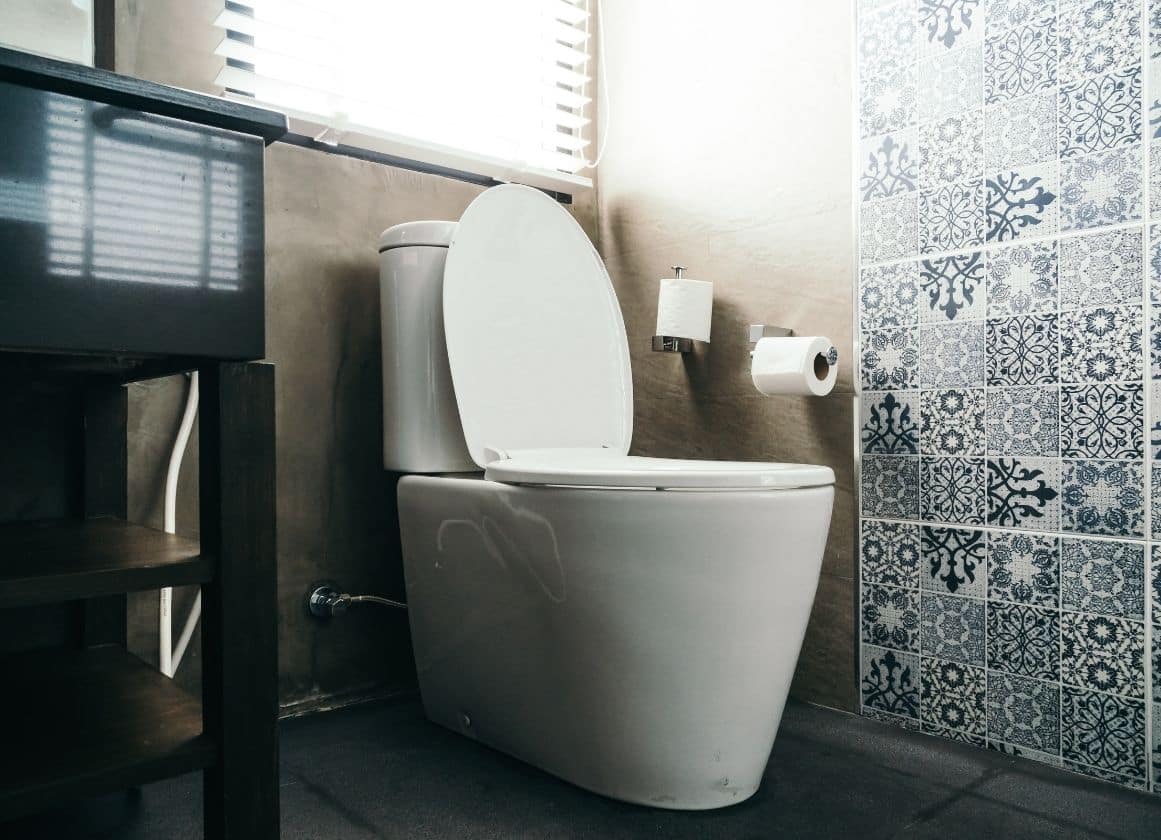 WC moderne installé dans une salle de bain rénovée avec revêtements contemporains et équipements sanitaires récents